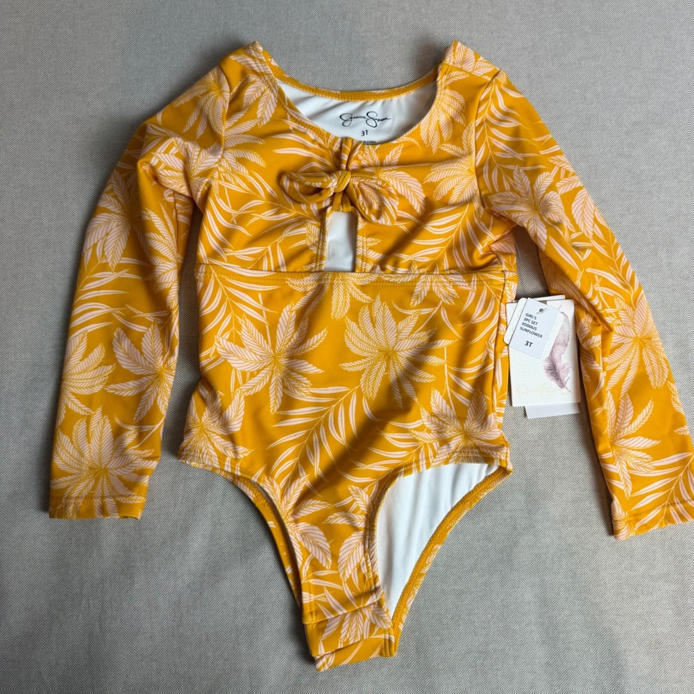 Jessica Simpson 3T Girls Sunflower Yellow Palm Long Sleeve Swimsuit Coverage